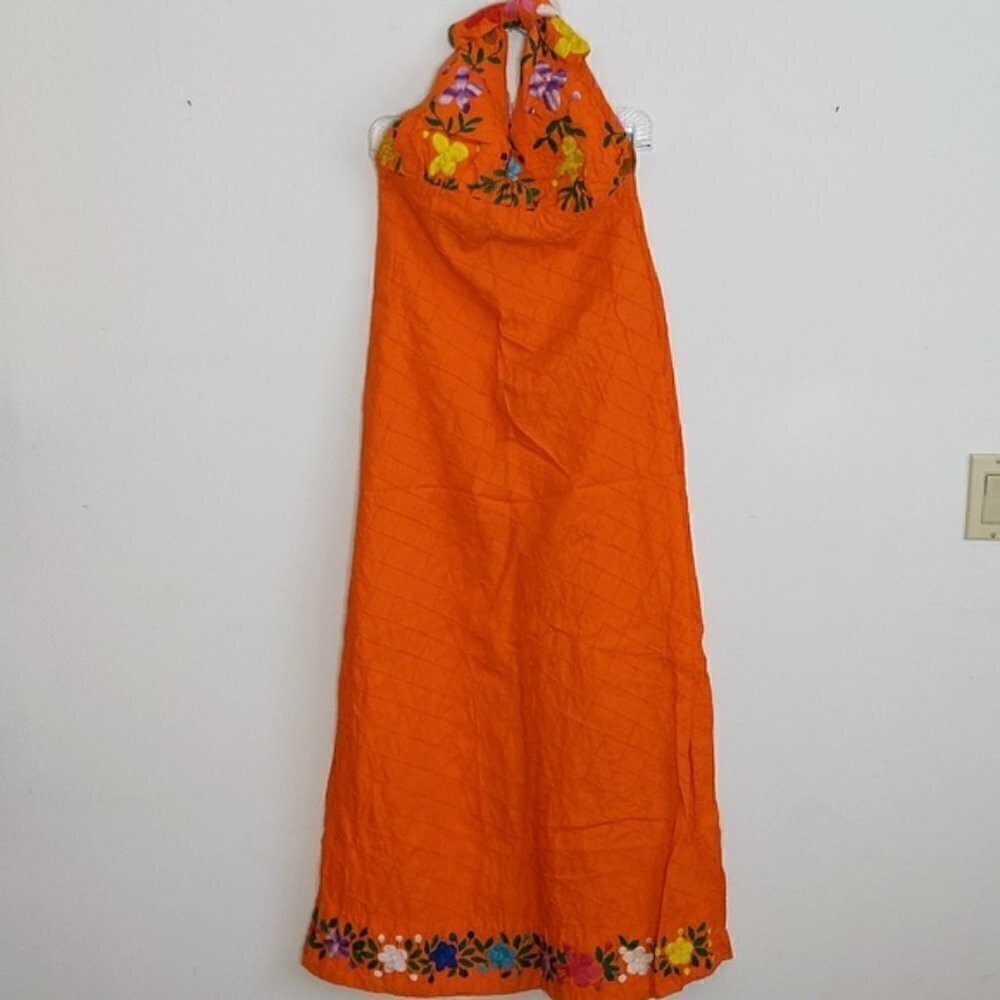 Vintage Orange Maxi Dress Flower Embroidered Halter Dress Hippie
